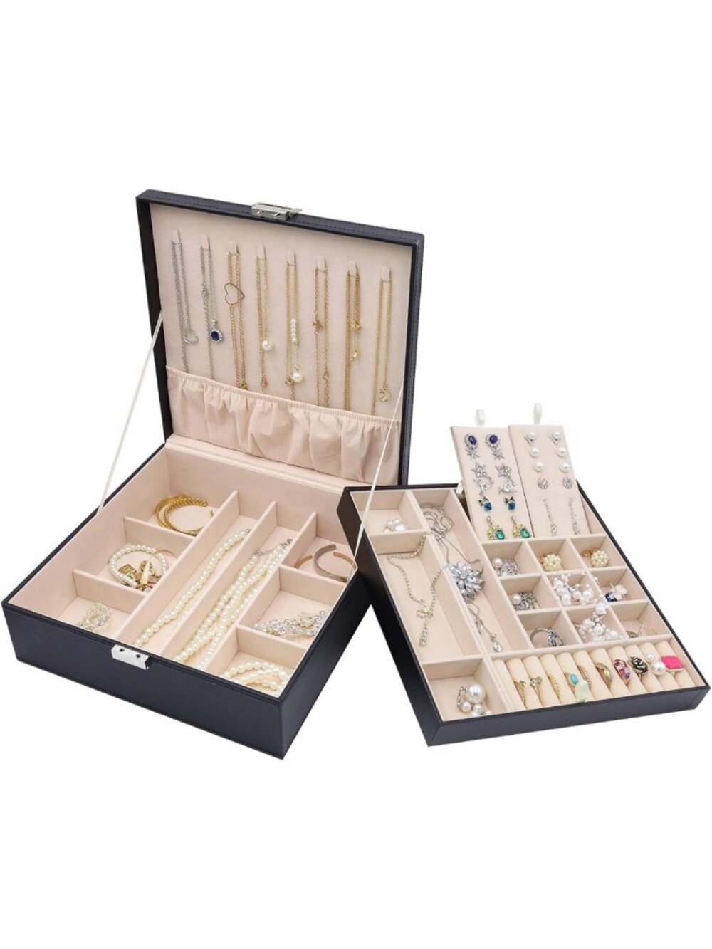 Large Leather Jewelry Organizer Box - 2 Layers, Removable Pad for Earrings